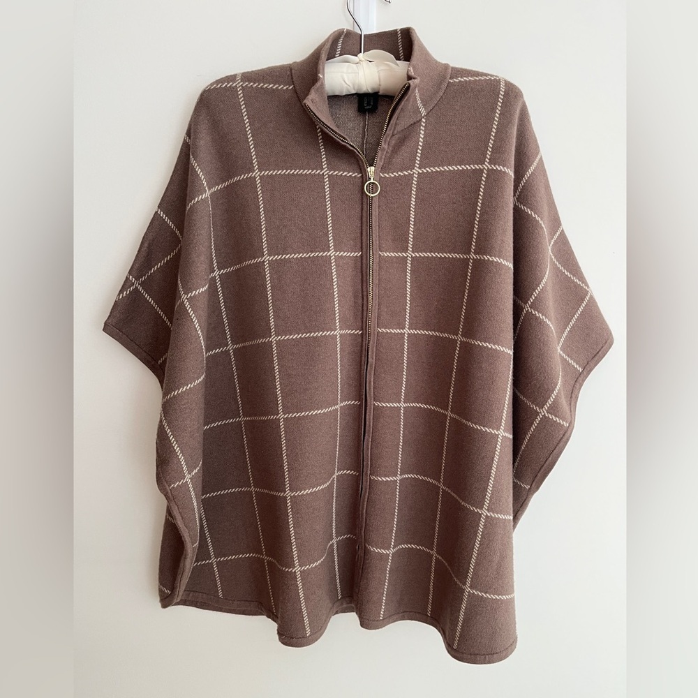 TAHARI Zip Front Oversize Poncho Cape Sweater Windowpane Neutral Dolman Sleeve